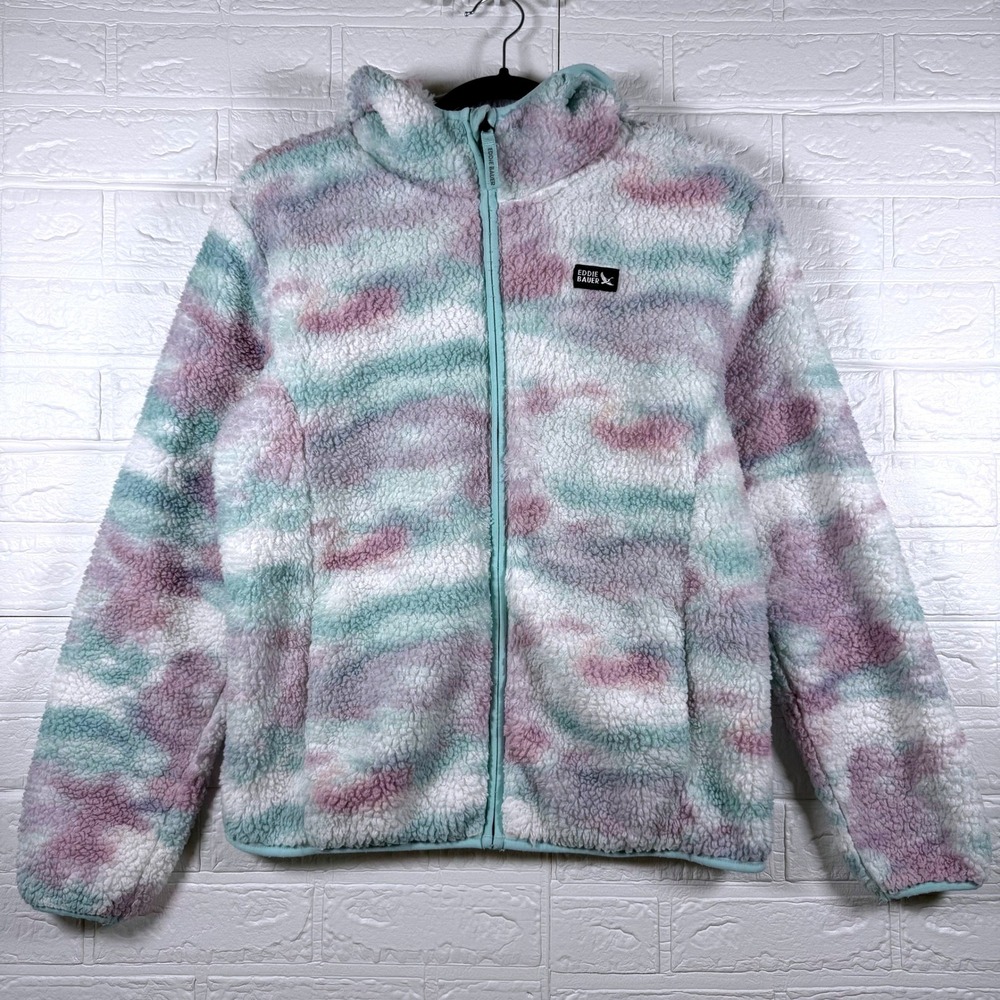 Eddie Bauer Fleece Jacket Kids L 14/16 Purple Teal Camo Sherpa Full Zip Hooded